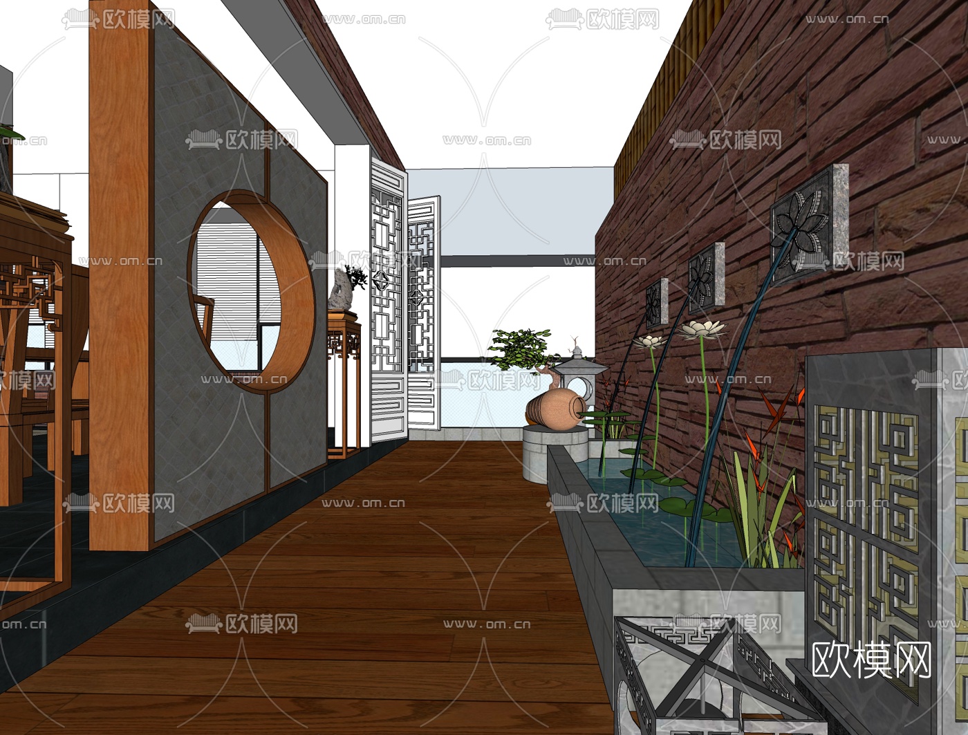 中式阳台花园免费su模型下载