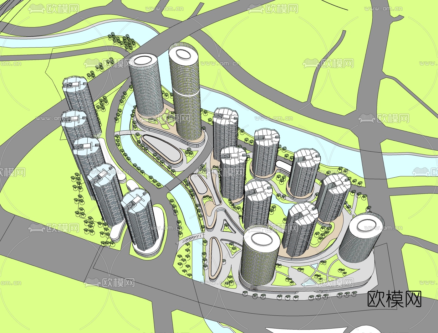现代商业区规划免费su模型下载