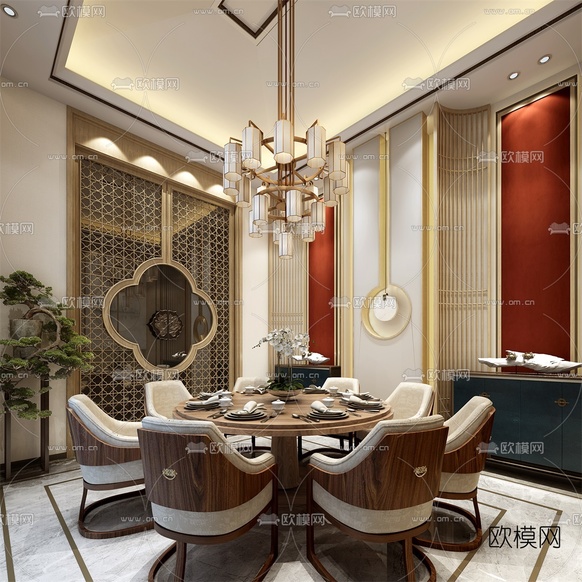 新中式餐厅免费3d模型下载_ID10148605_3dmax免费模型-欧模网