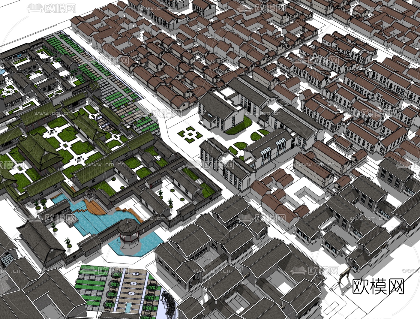 中式古镇规划设计免费su模型下载