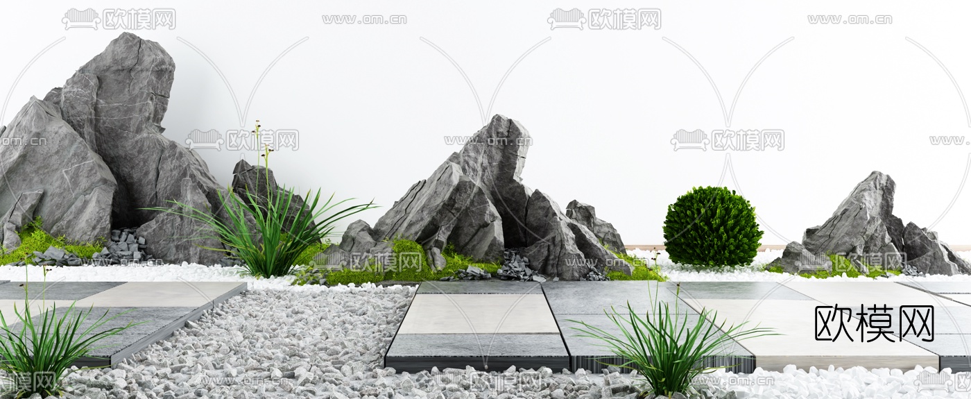 中式假山绿植碎石园艺小品3d模型下载
