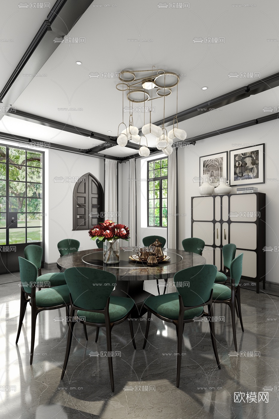 集艾设计 新古典混搭圆形餐桌椅3d模型下载（渲染图1）