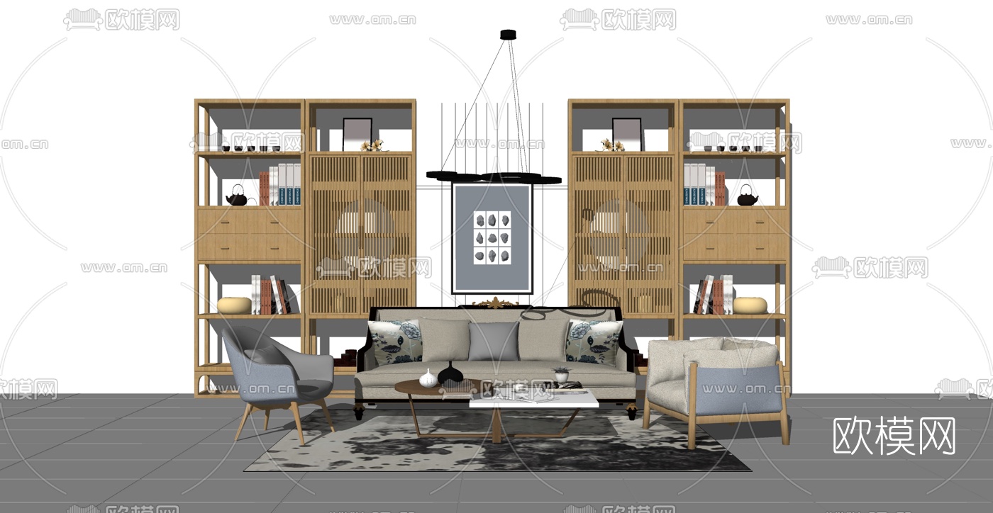 新中式组合沙发su模型下载