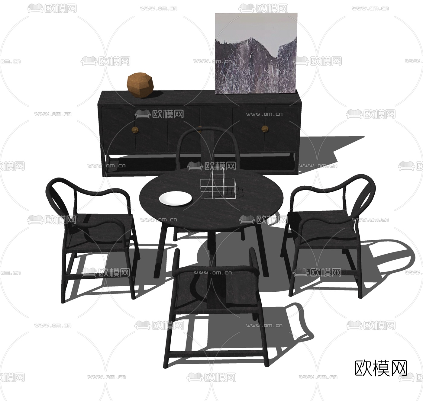 中式圆形餐桌椅免费su模型下载