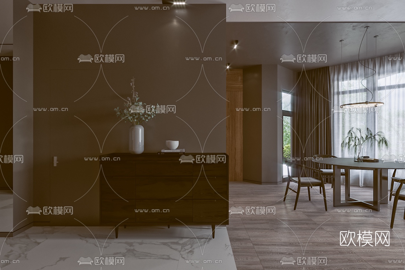 现代高级灰客厅餐厅3d模型下载（渲染图3）