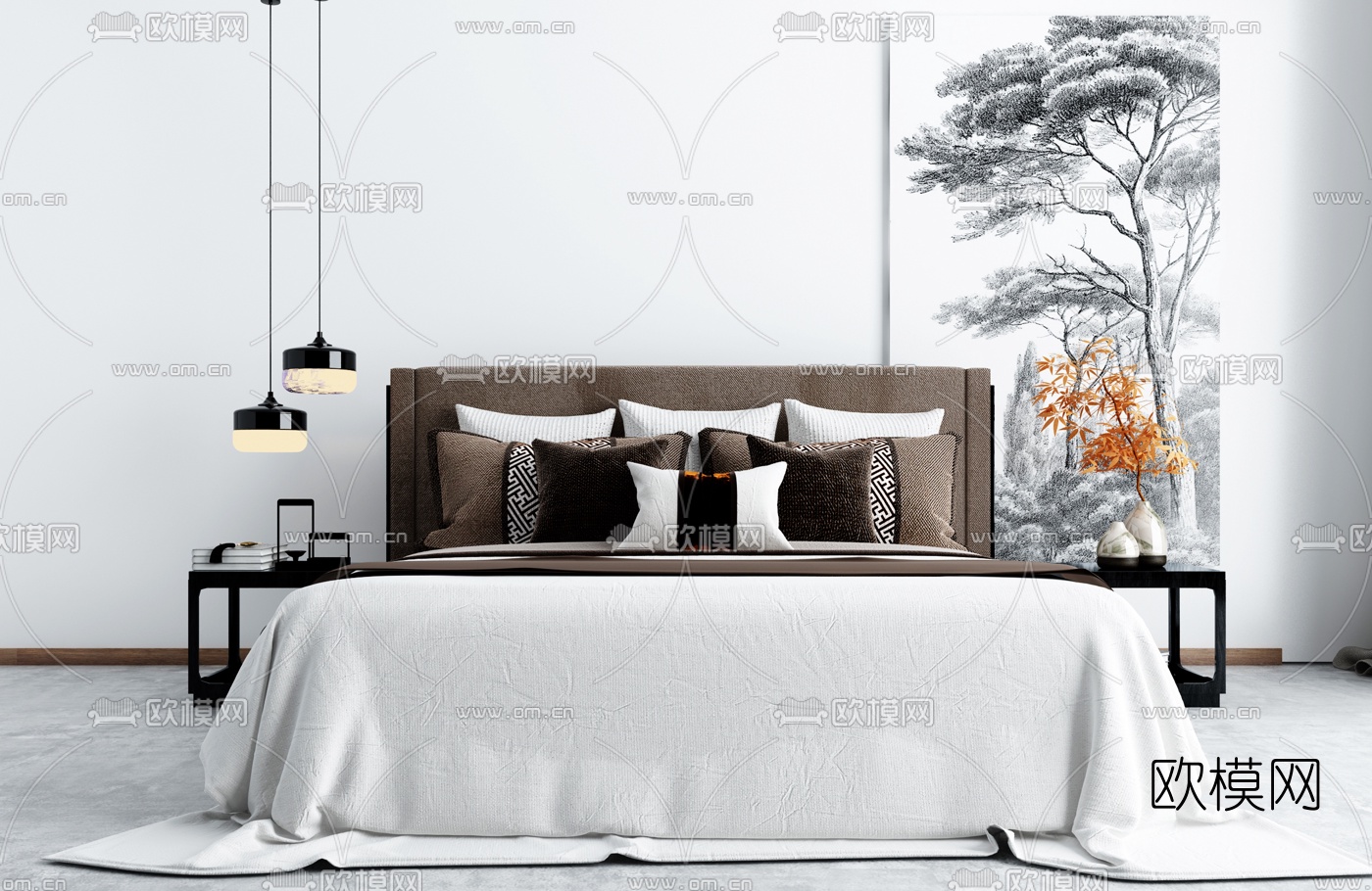 新中式双人床3d模型下载