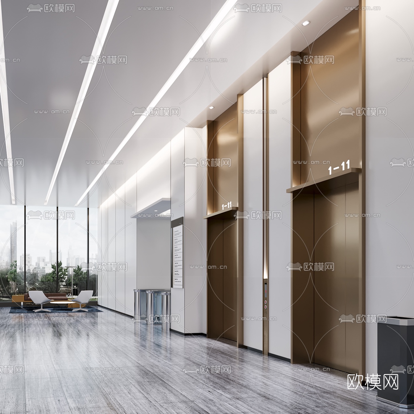 现代办公楼大堂电梯厅3d模型下载_ID10092440_3dmax免费模型-欧模网