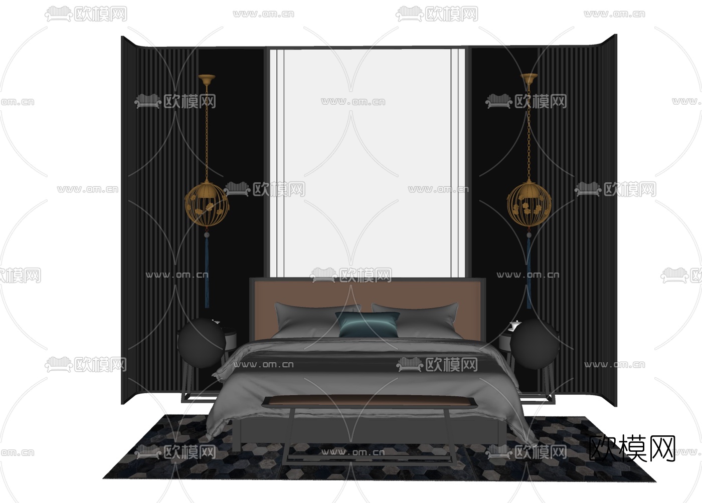 新中式双人床免费su模型下载