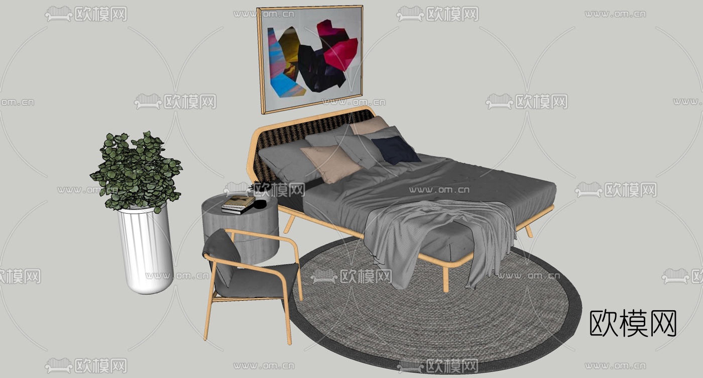 北欧双人床su模型下载（渲染图3）