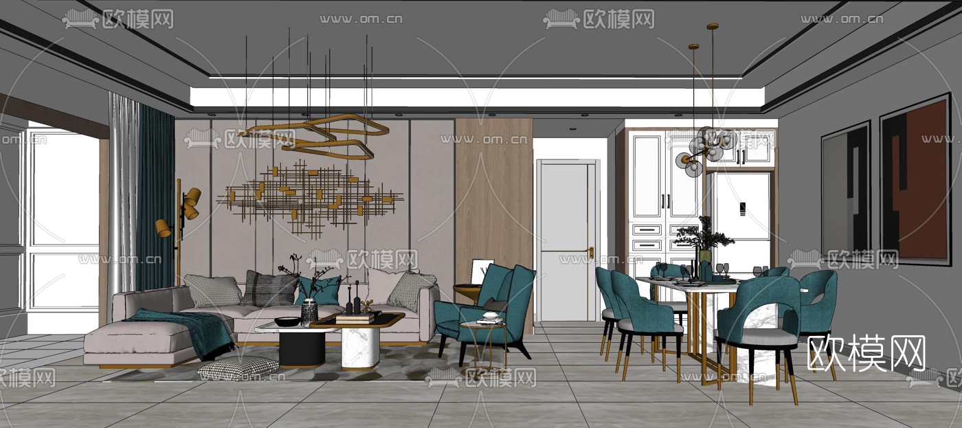 现代轻奢客厅餐厅su模型