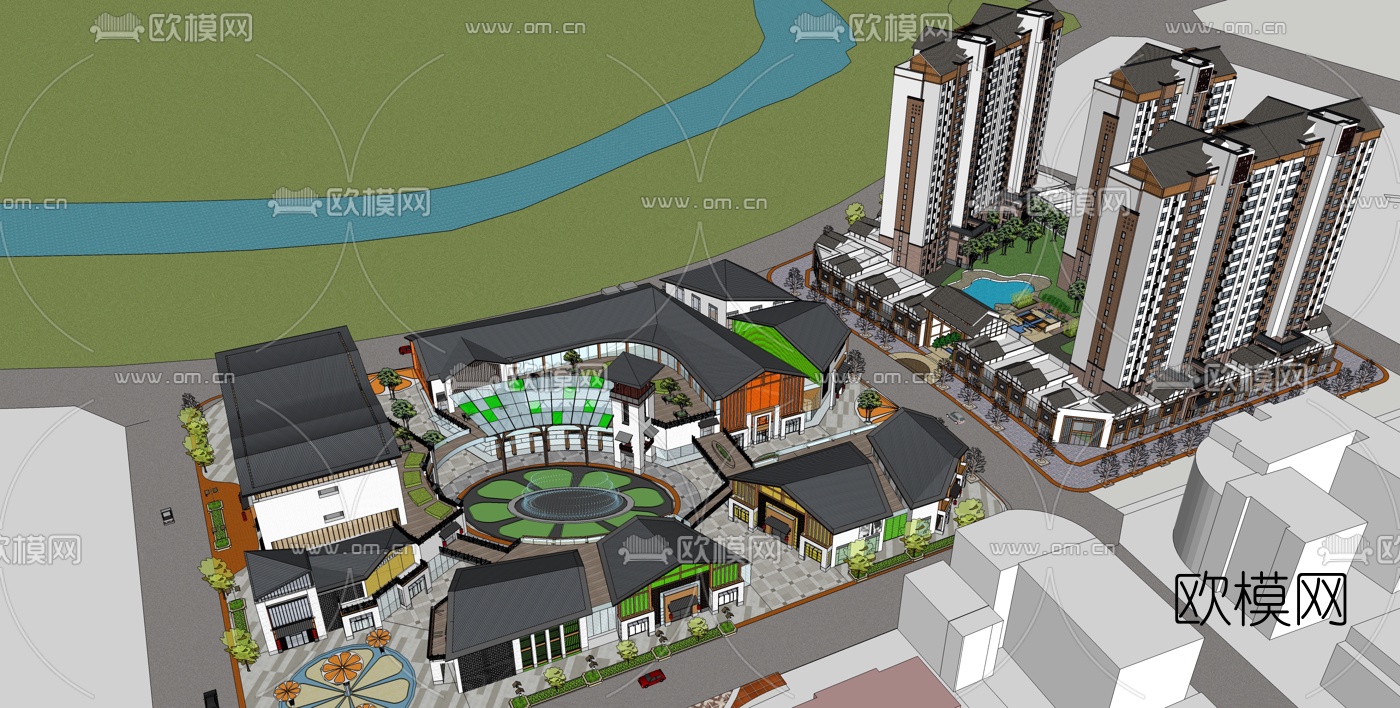 新中式小区规划免费su模型下载（渲染图1）
