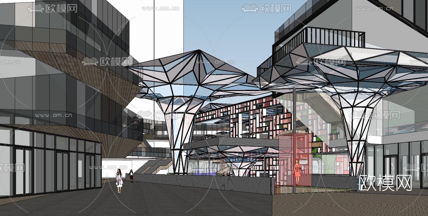 现代商业街su模型下载（渲染图2）