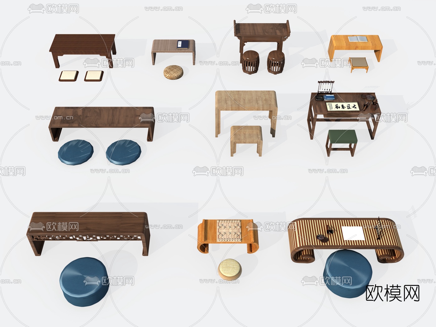 中式书桌椅3d模型下载（渲染图1）