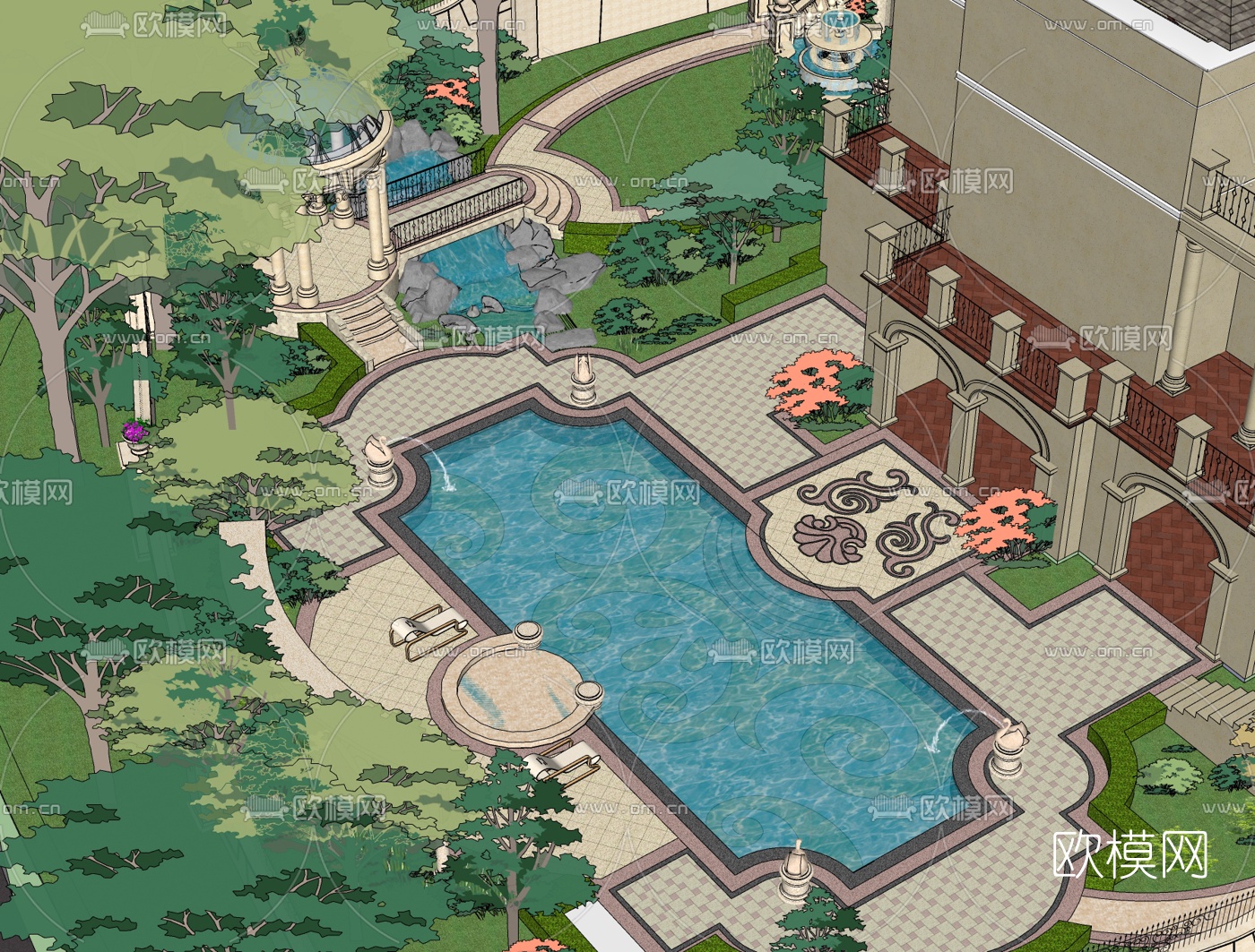 欧式庭院花园免费su模型下载（渲染图1）