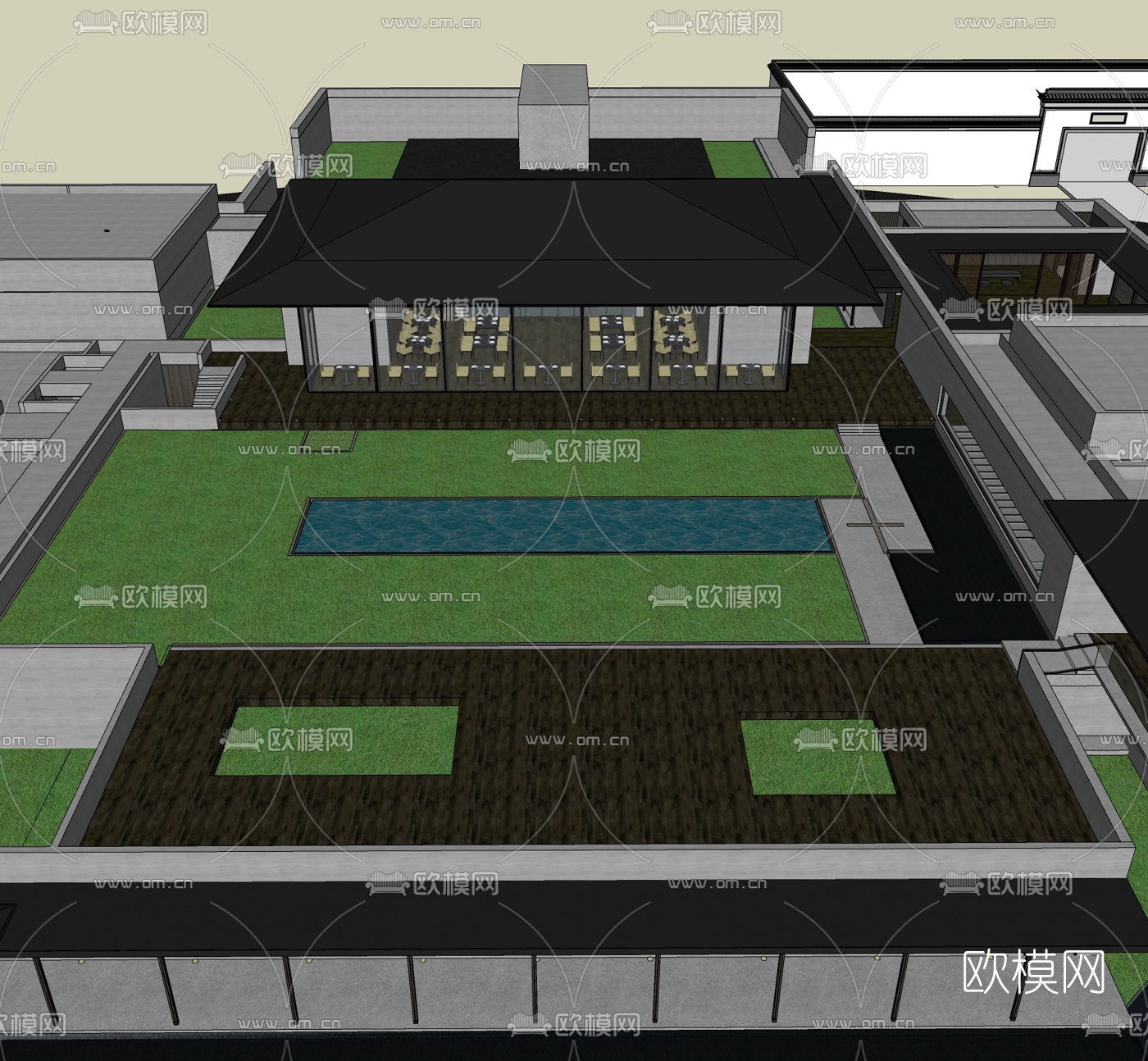 新中式餐厅建筑外观su模型下载（渲染图2）