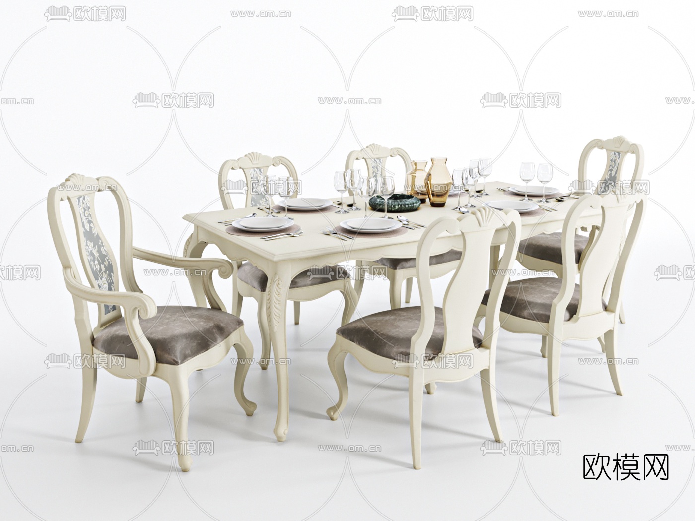 欧式长形餐桌椅3d模型下载