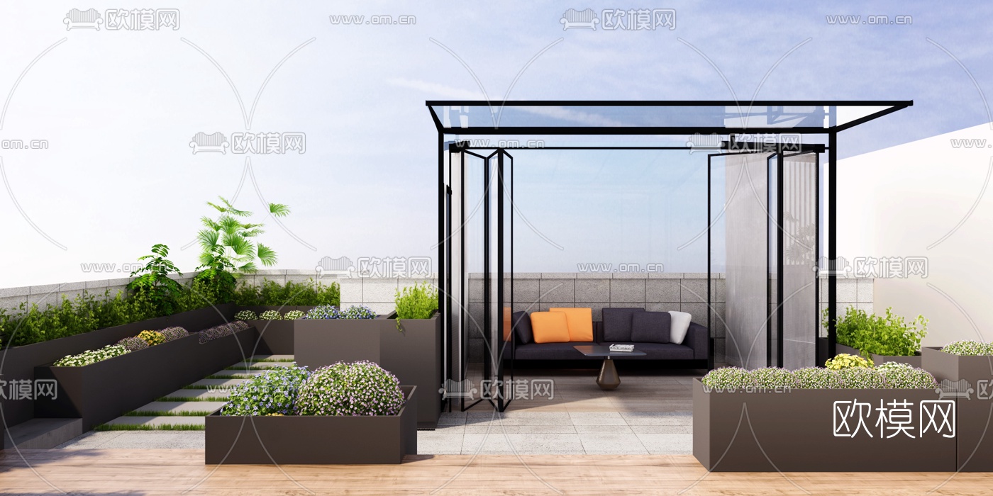 现代楼顶阳光花园3d模型下载（渲染图1）