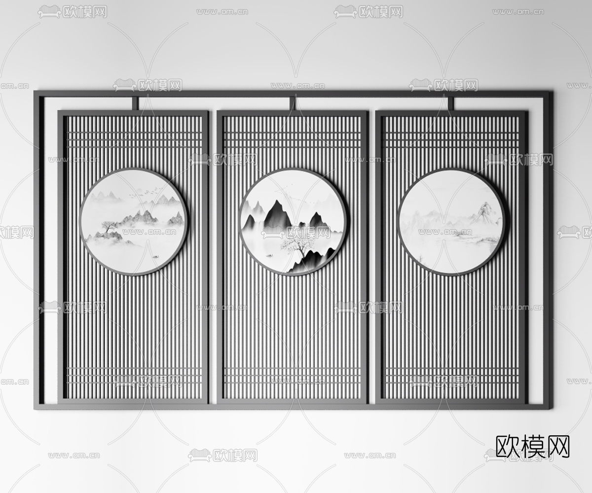 新中式简约屏风花格组合3d模型下载（渲染图3）