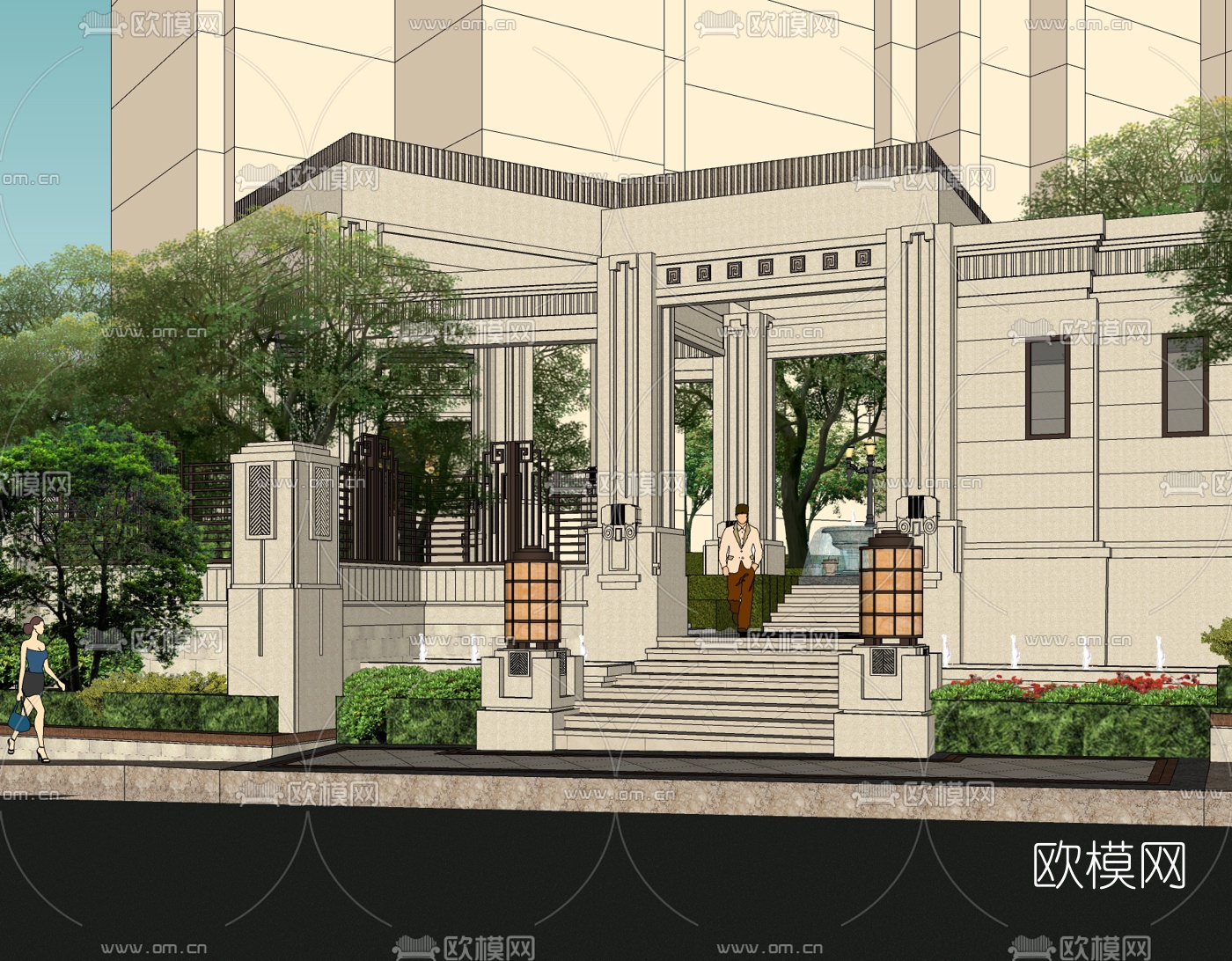 新古典小区入户门免费su模型下载