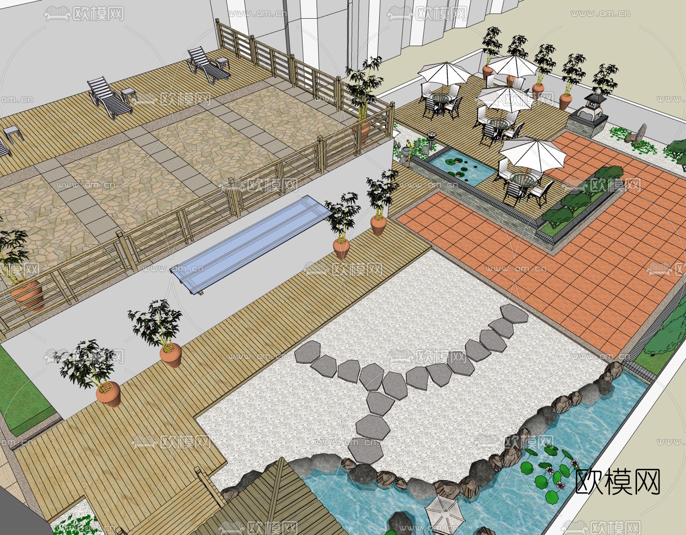 现代庭院花园景观免费su模型下载