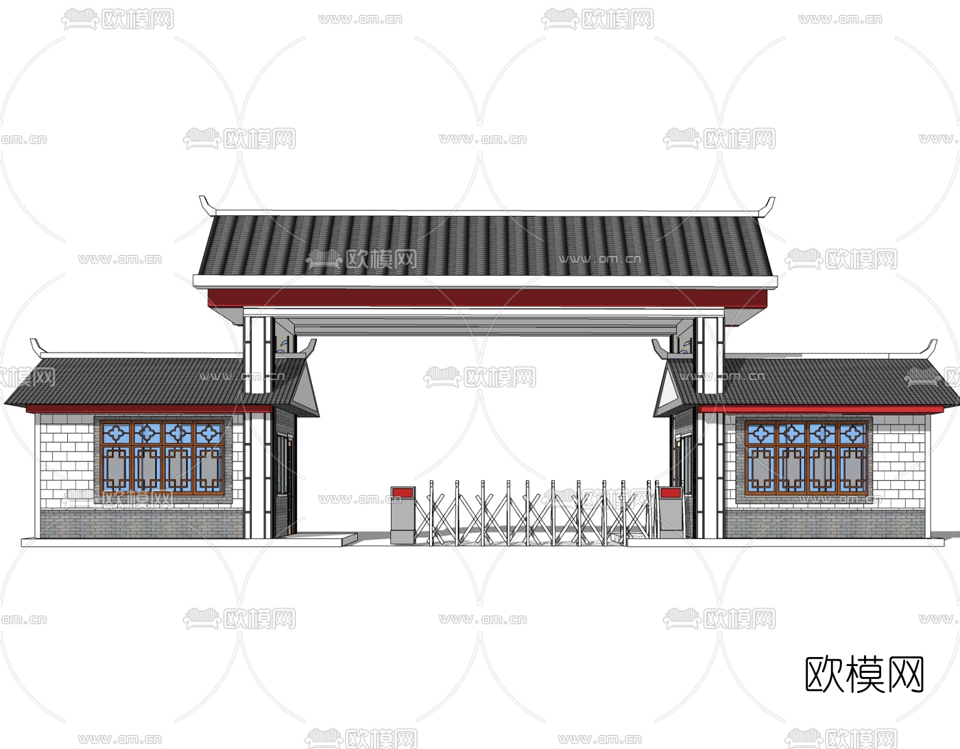 新中式小区门头su模型