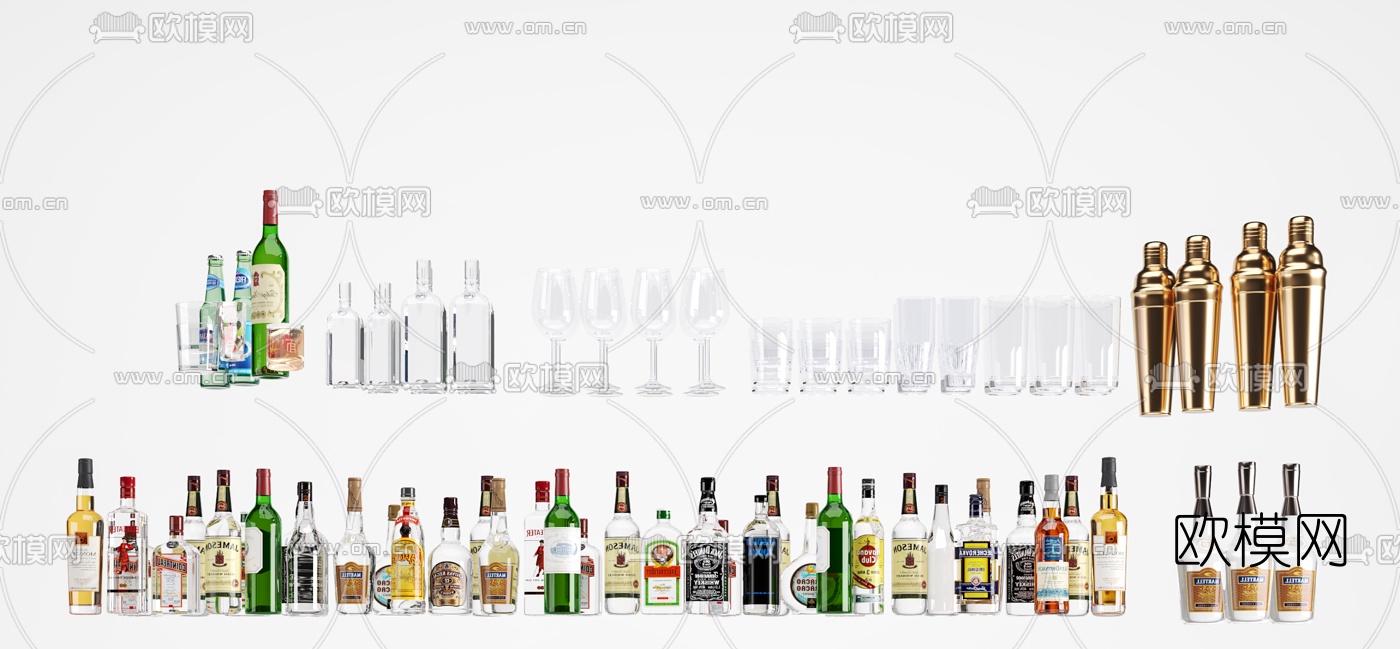 现代高精度酒瓶酒杯饮料3d模型