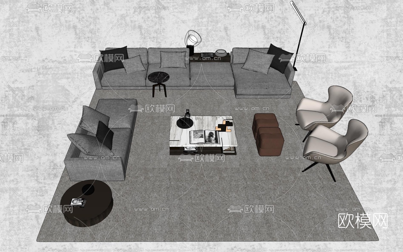 现代布艺多人沙发组合su模型下载（渲染图1）