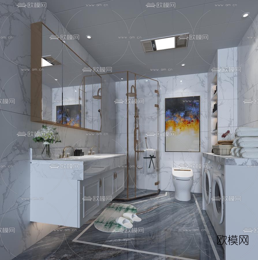 现代卫生间浴室免费3d模型-免费3dmax模型库-欧模网