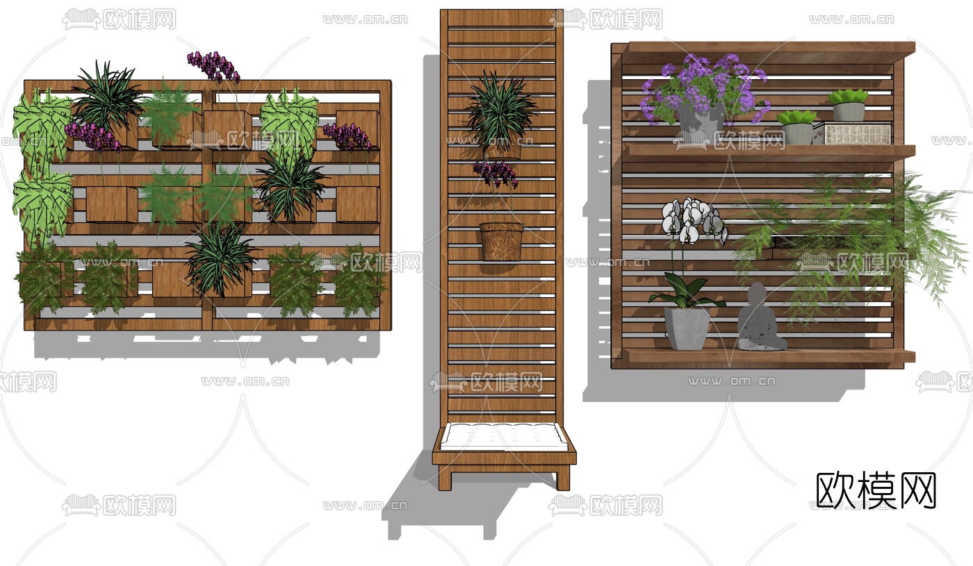 现代木架绿植墙su模型下载（渲染图1）