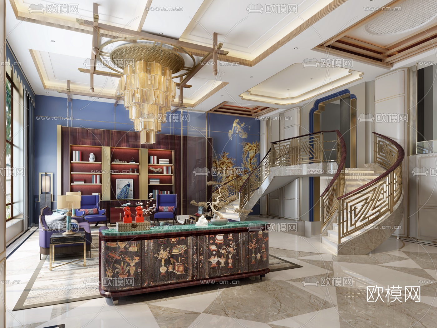 新古典别墅客厅3d模型下载（渲染图1）