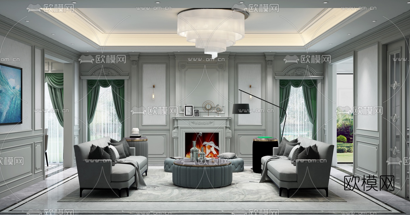 欧式客厅餐厅3d模型下载（渲染图1）
