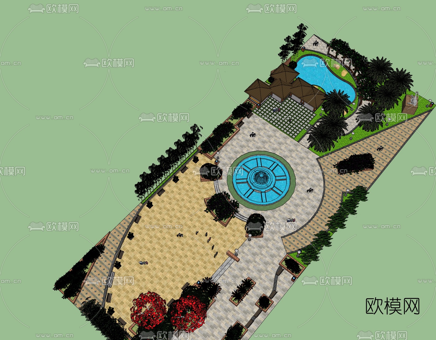 东南亚广场景观免费su模型下载（渲染图2）