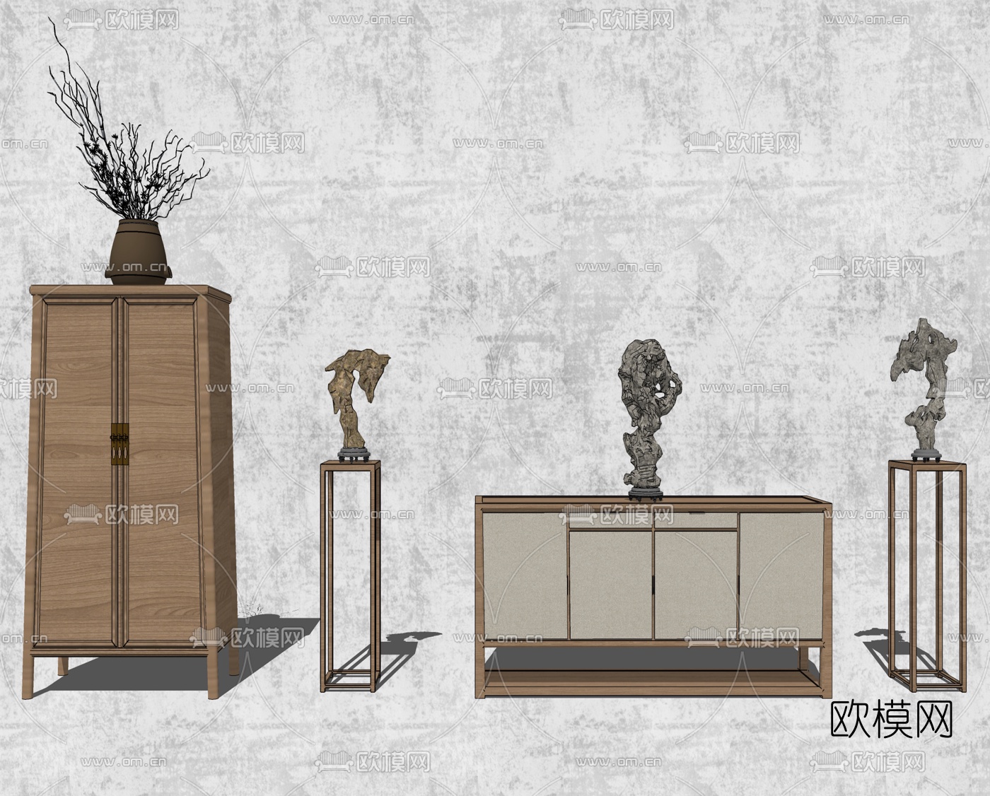 新中式实木边柜su模型下载