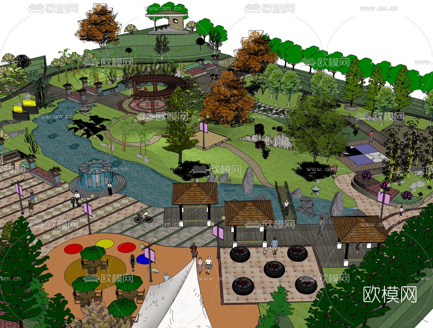 中式公园景观免费su模型下载