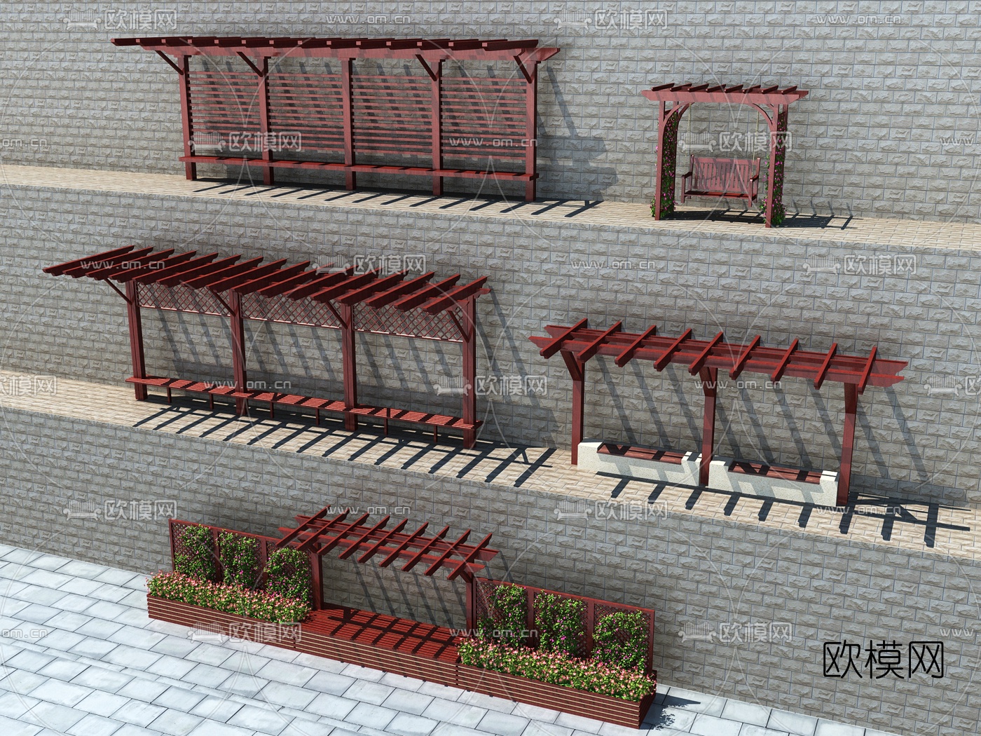 新中式廊架花架秋千3d模型下载（渲染图2）