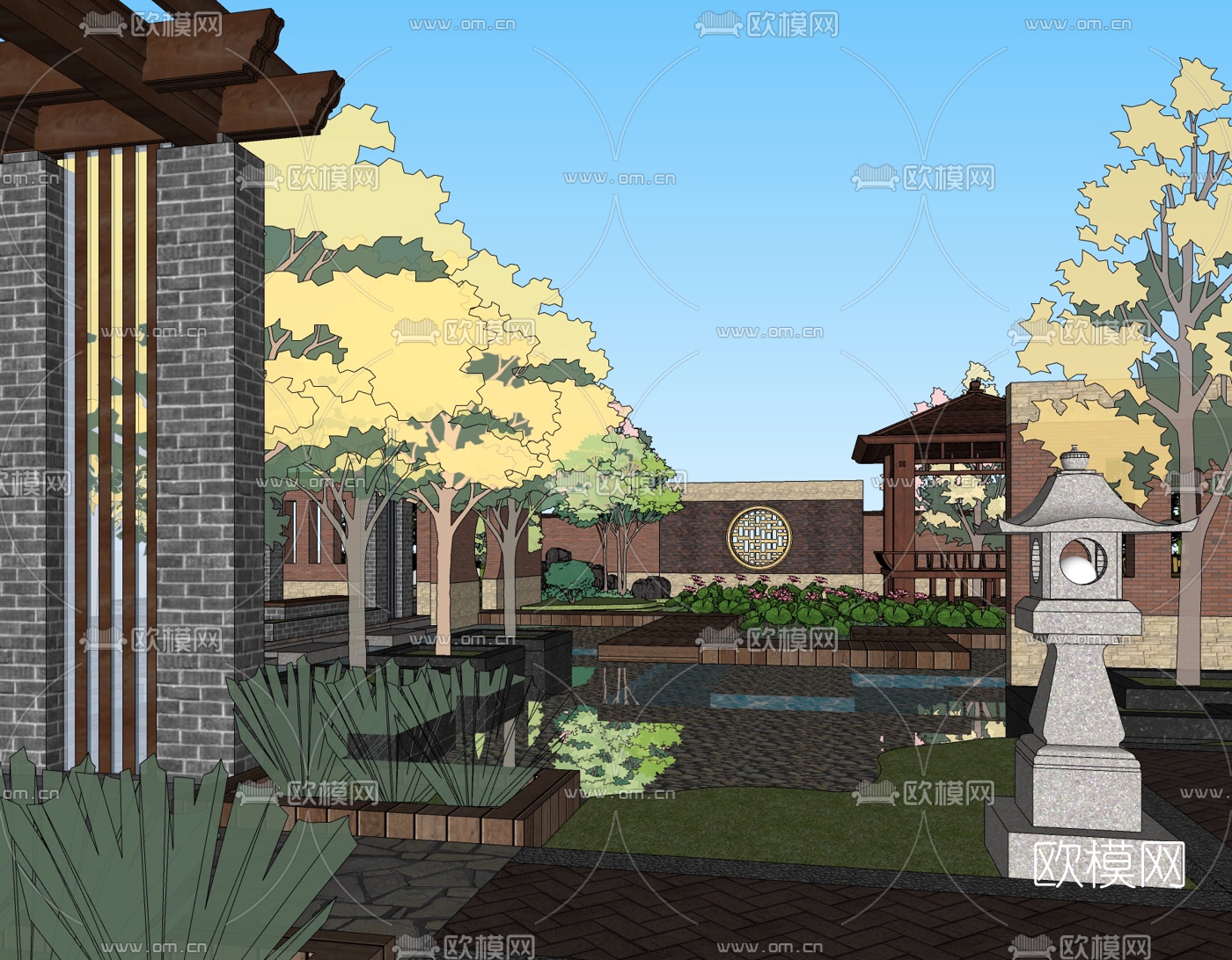 中式庭院花园景观su模型下载（渲染图1）