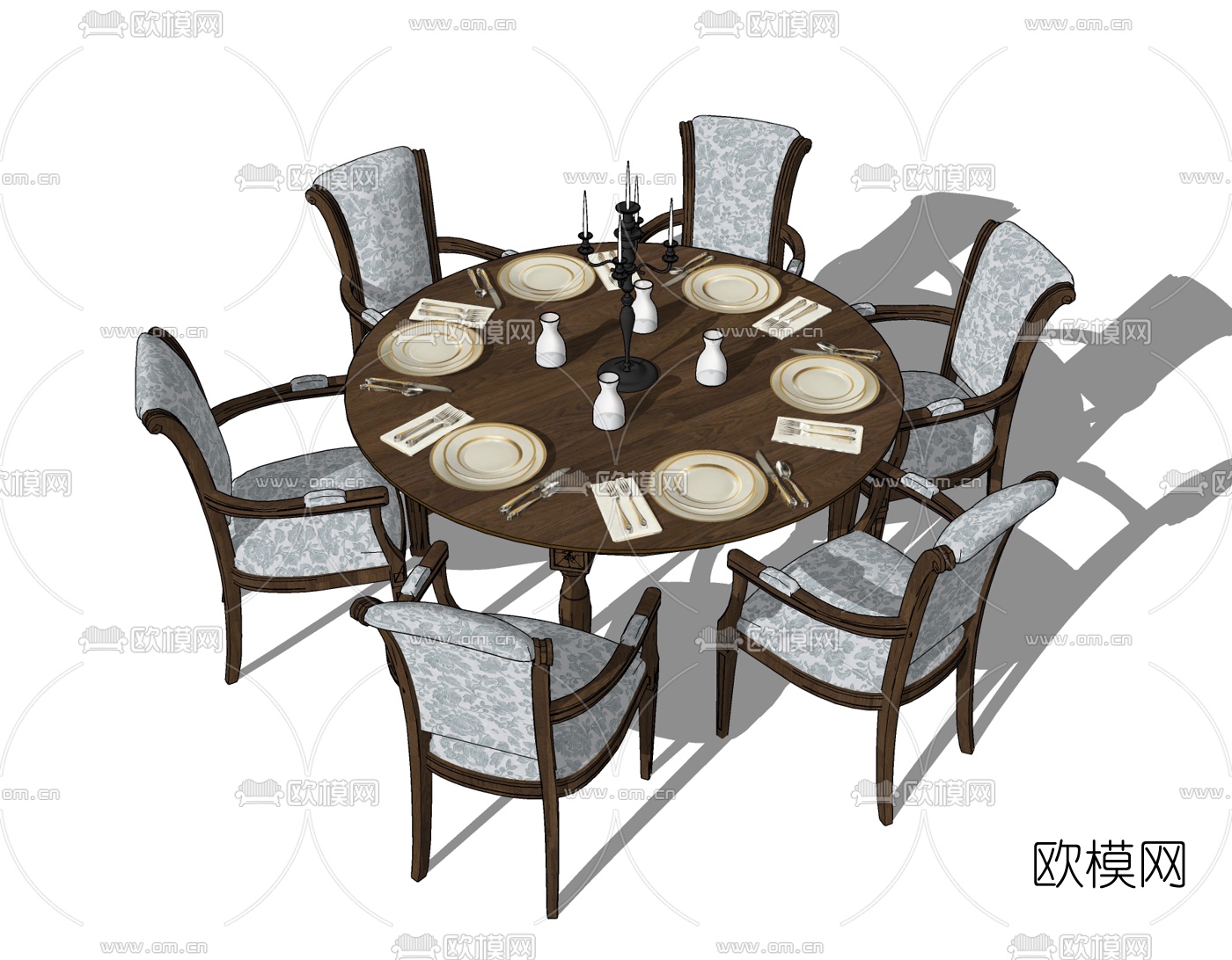 美式实木圆形餐桌椅免费su模型下载