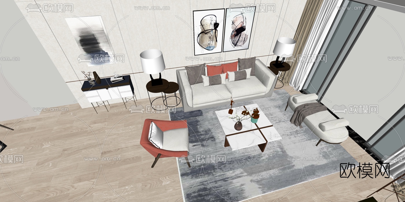 现代轻奢客厅餐厅su模型