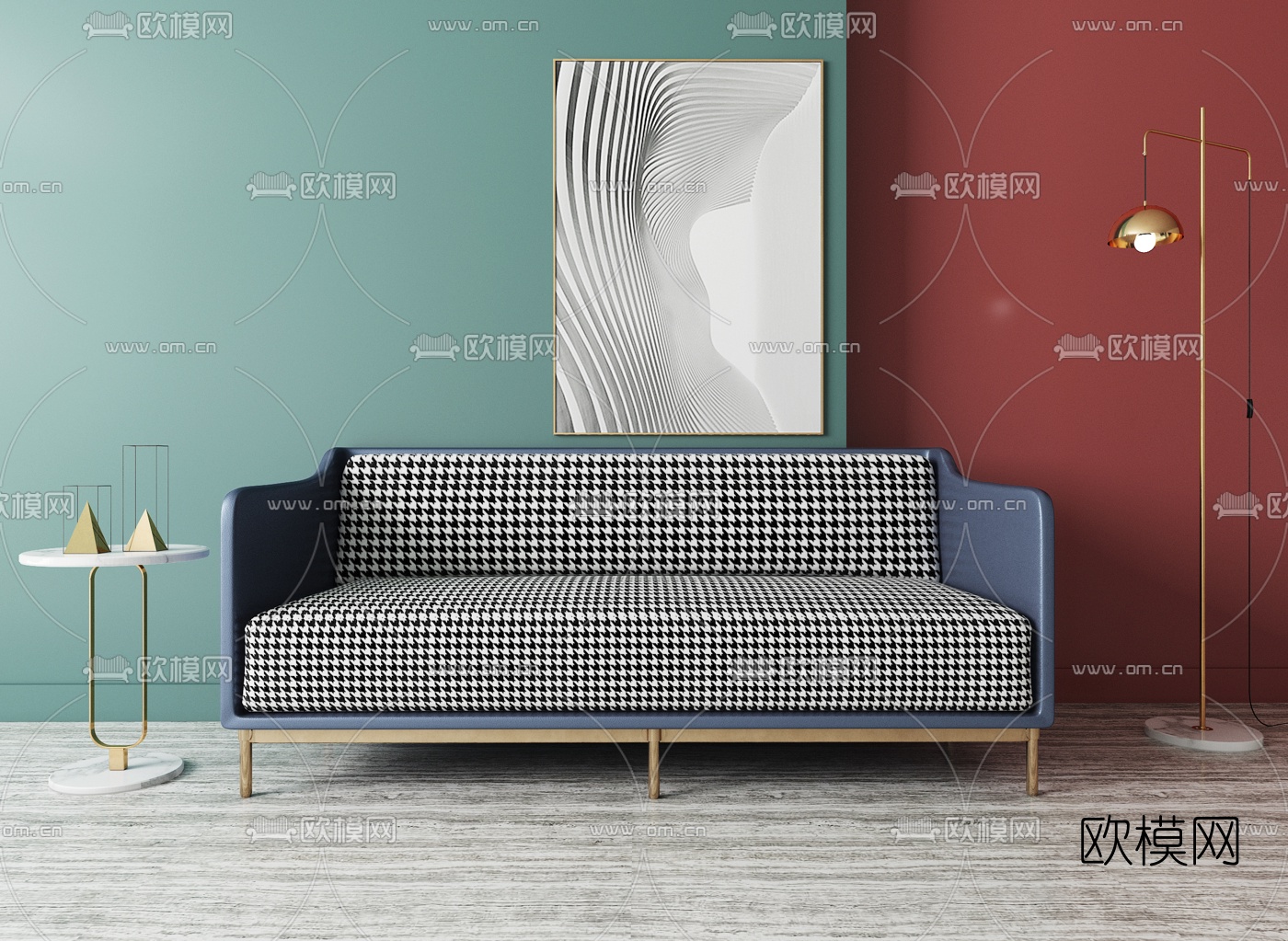 现代轻奢双人沙发落地灯3d模型下载（渲染图1）