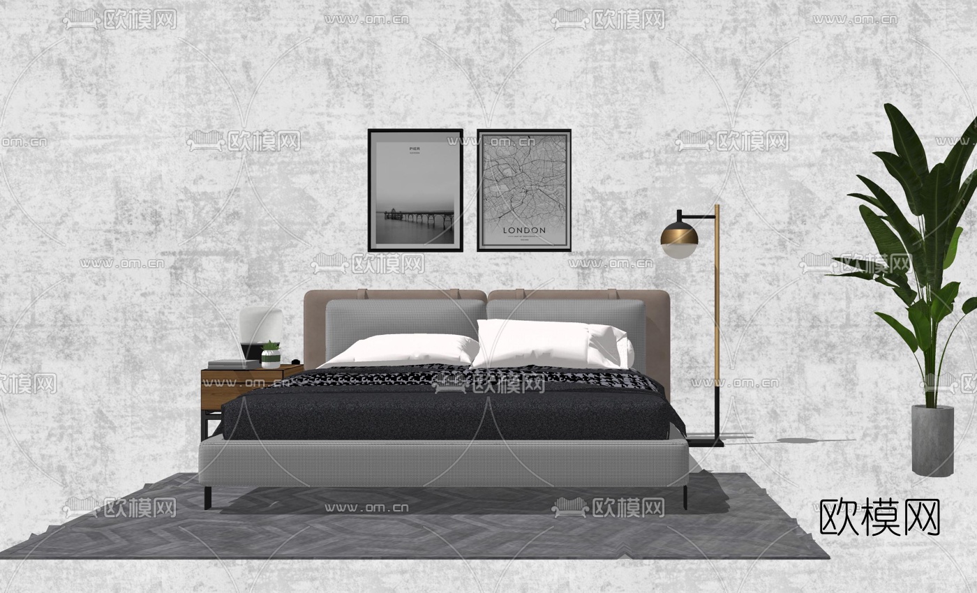 现代双人床su模型下载