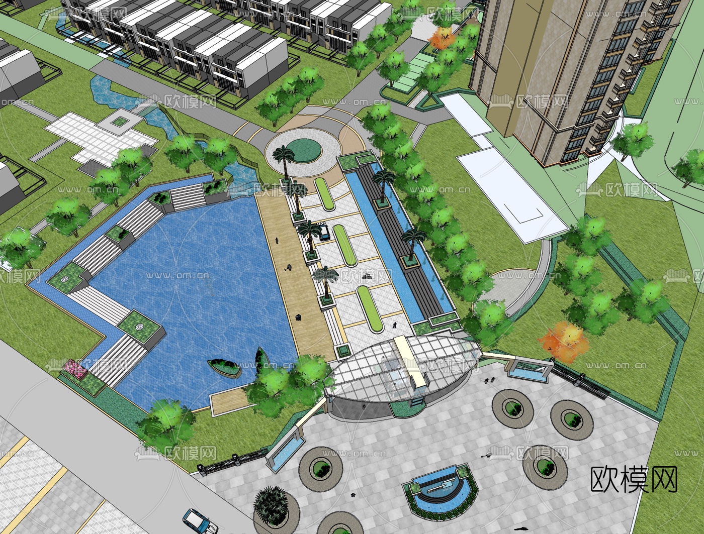 现代小区景观免费su模型下载