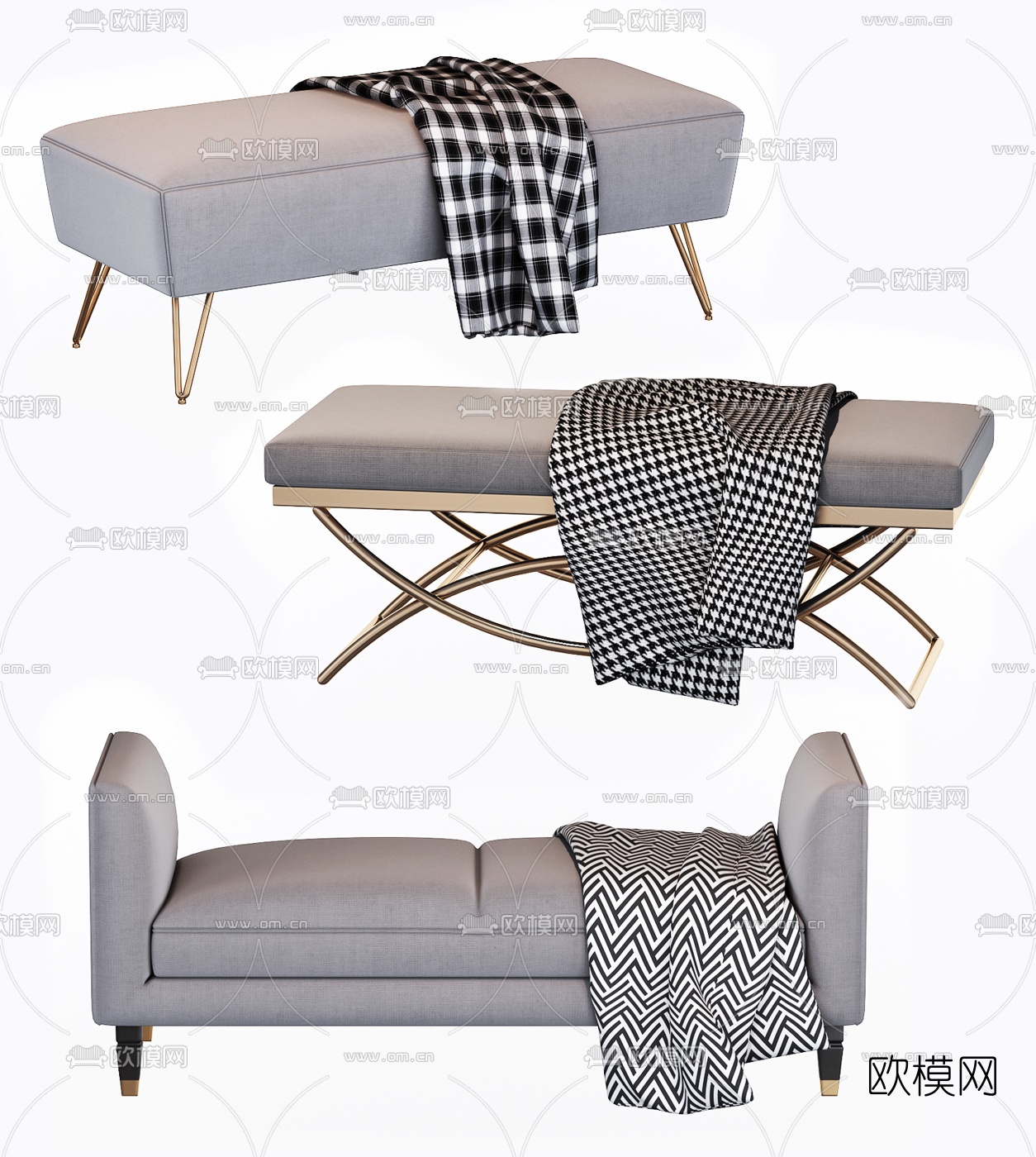 现代踏脚床尾凳组合3d模型下载