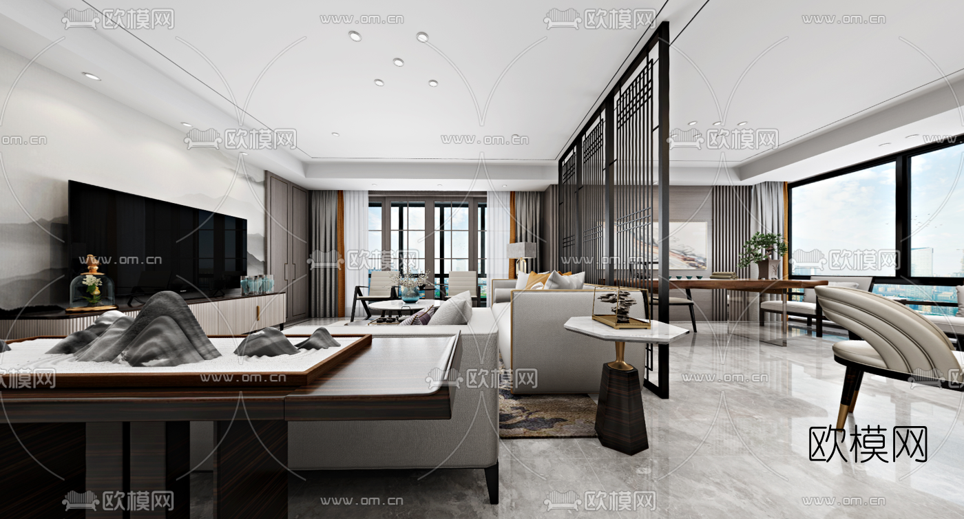 新中式客厅餐厅全景3d模型