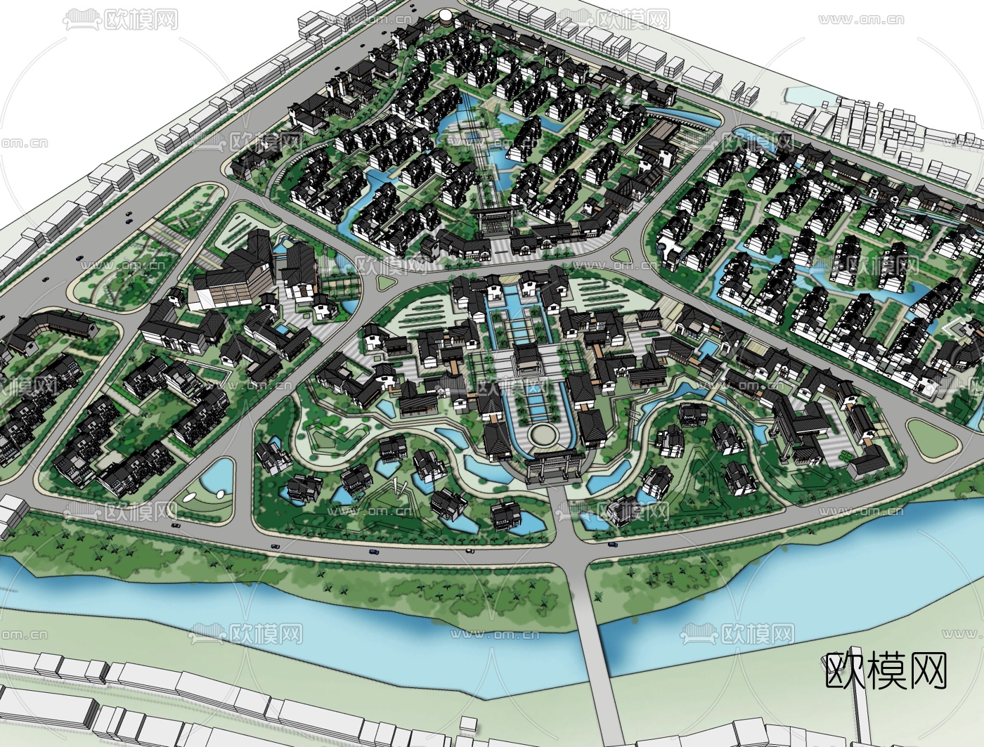 新中式小区规划免费su模型下载