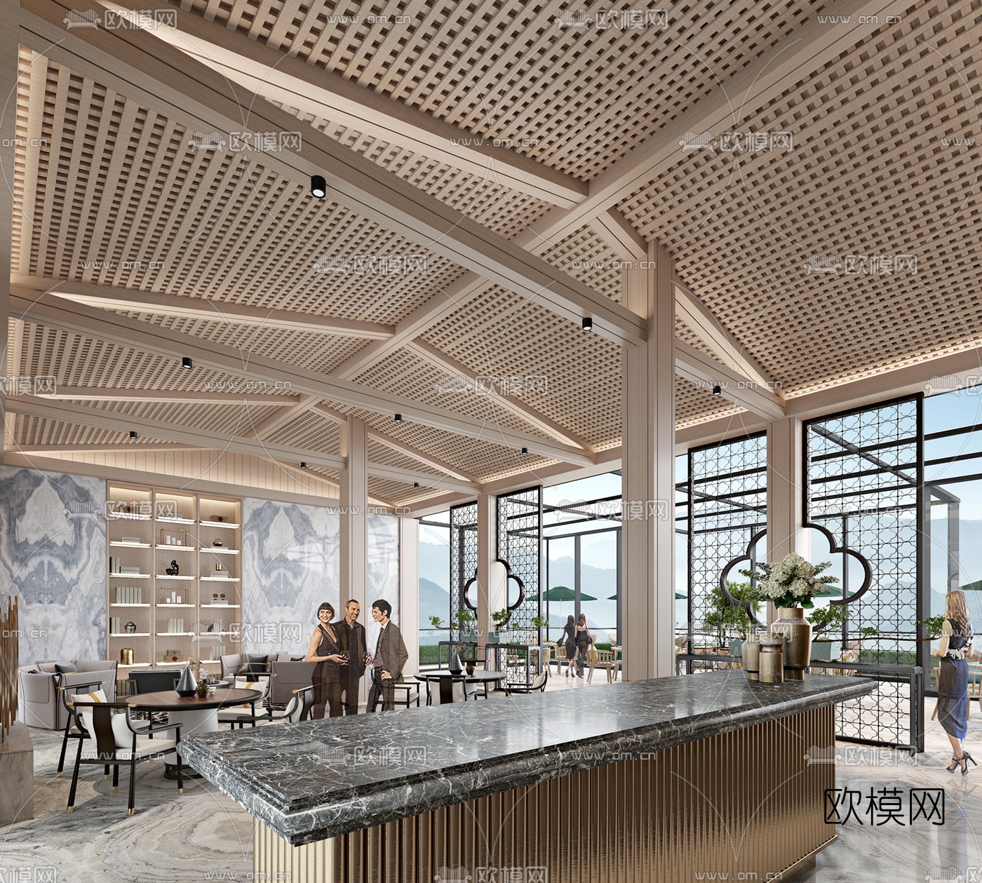 新中式酒店大堂吧休息区3d模型