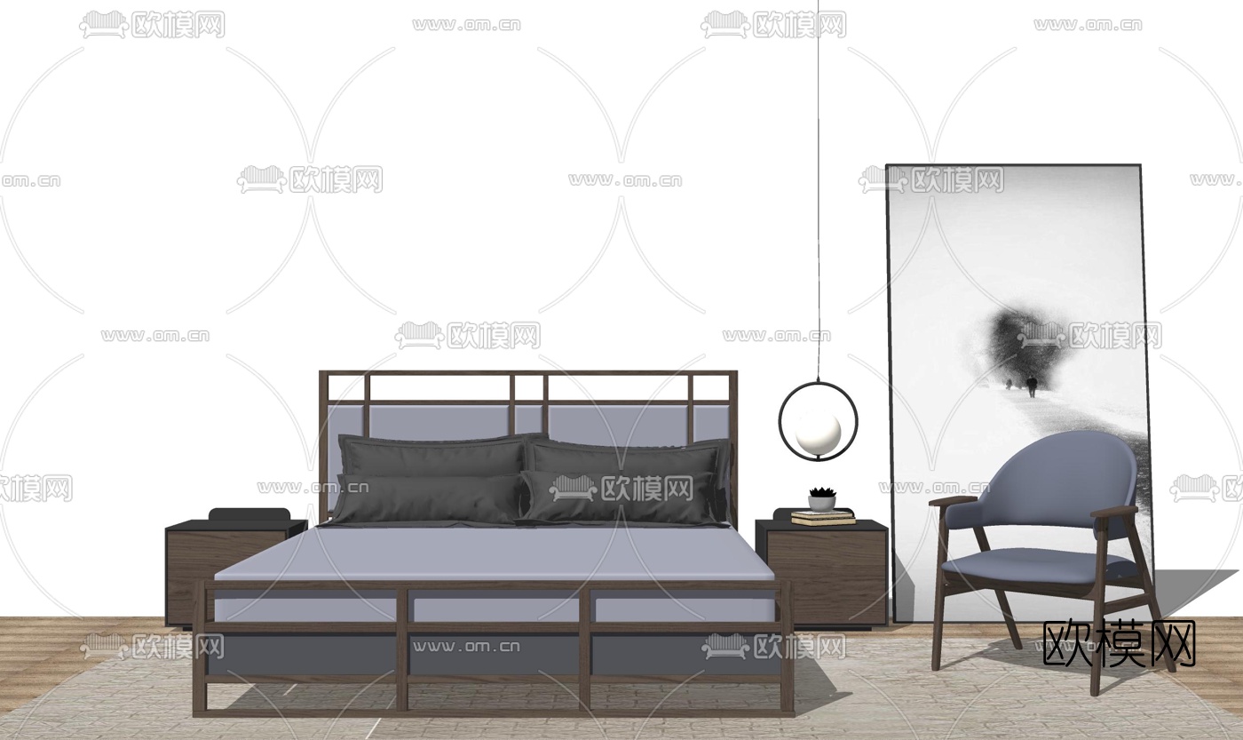 中式双人床su模型下载