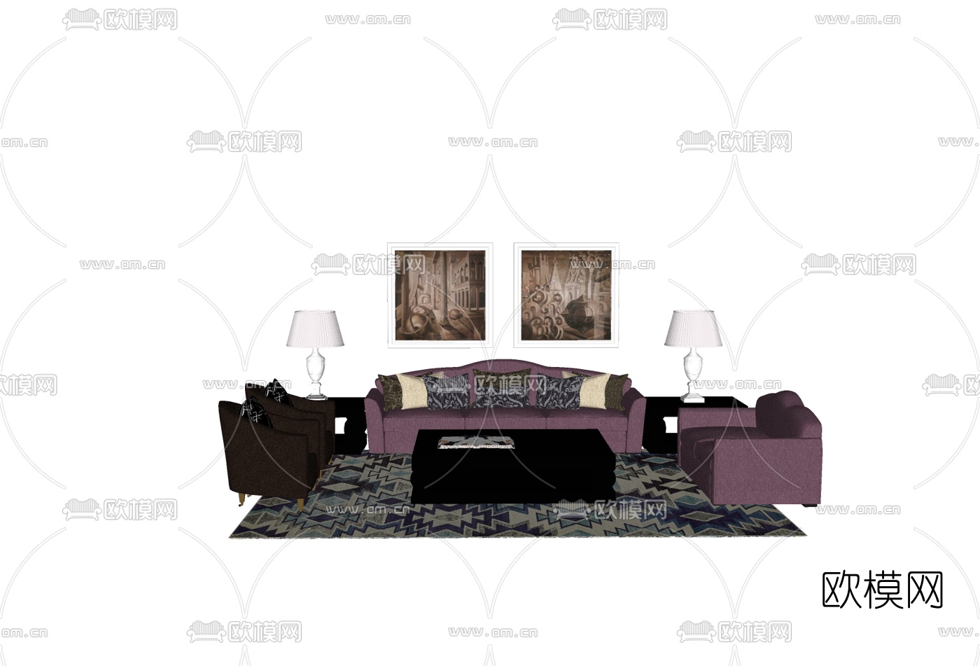 简欧布艺沙发茶几角几组合免费su模型下载