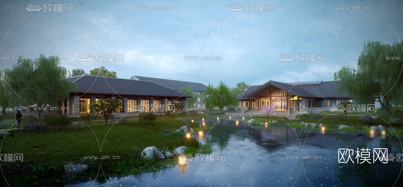 新中式度假酒店外观夜景3d模型