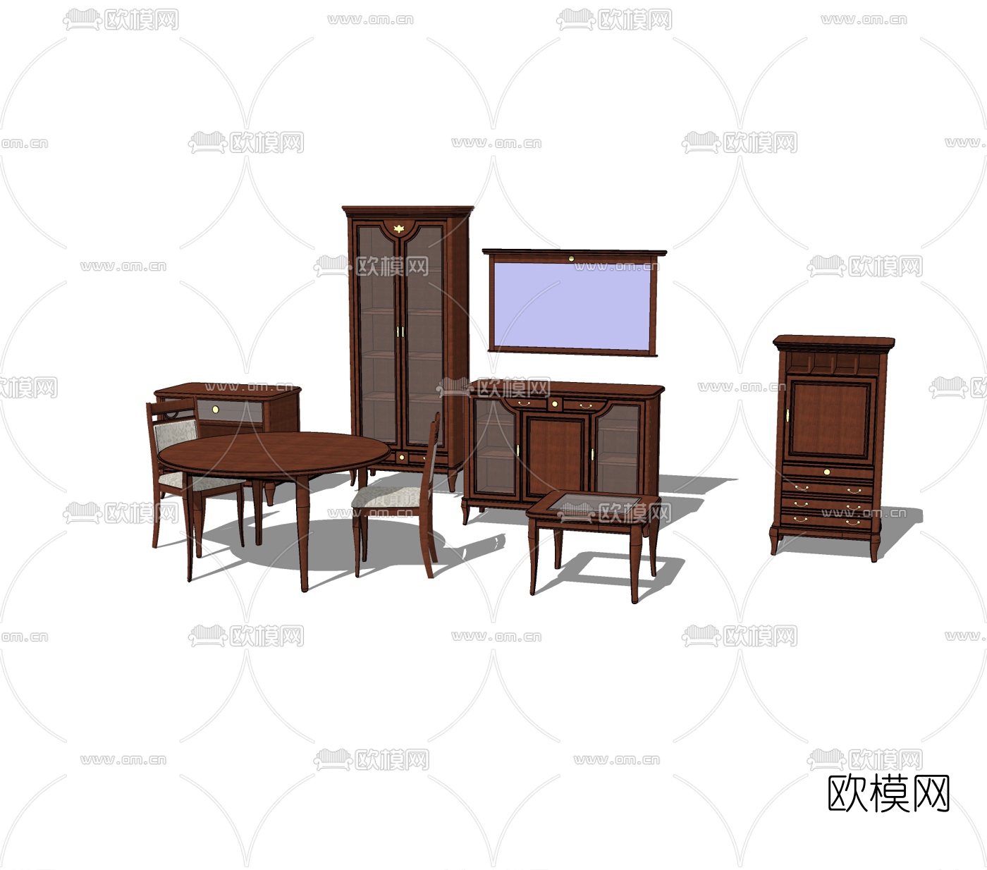 美式餐桌椅边柜su模型下载