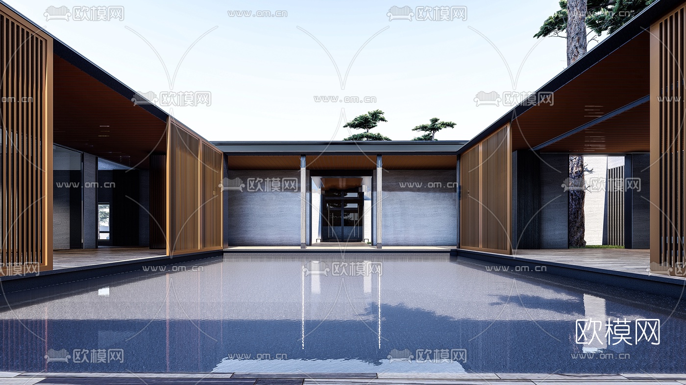 新中式餐厅建筑外观su模型下载（渲染图3）